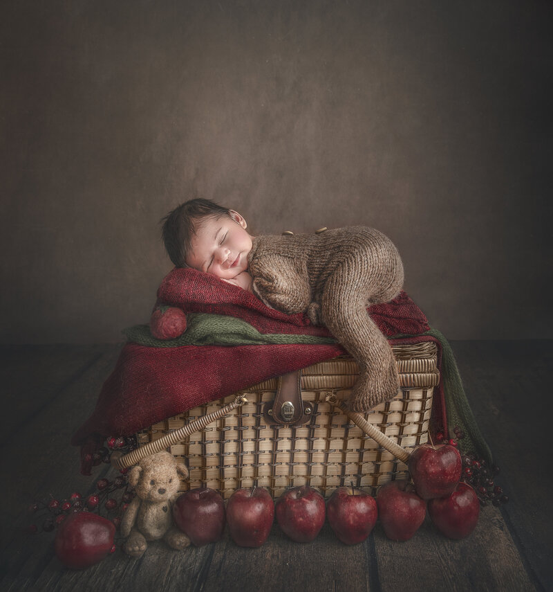 "Newborn baby sleeping on a wicker basket surrounded by apples in an autumn-themed studio photography session in Ottawa"