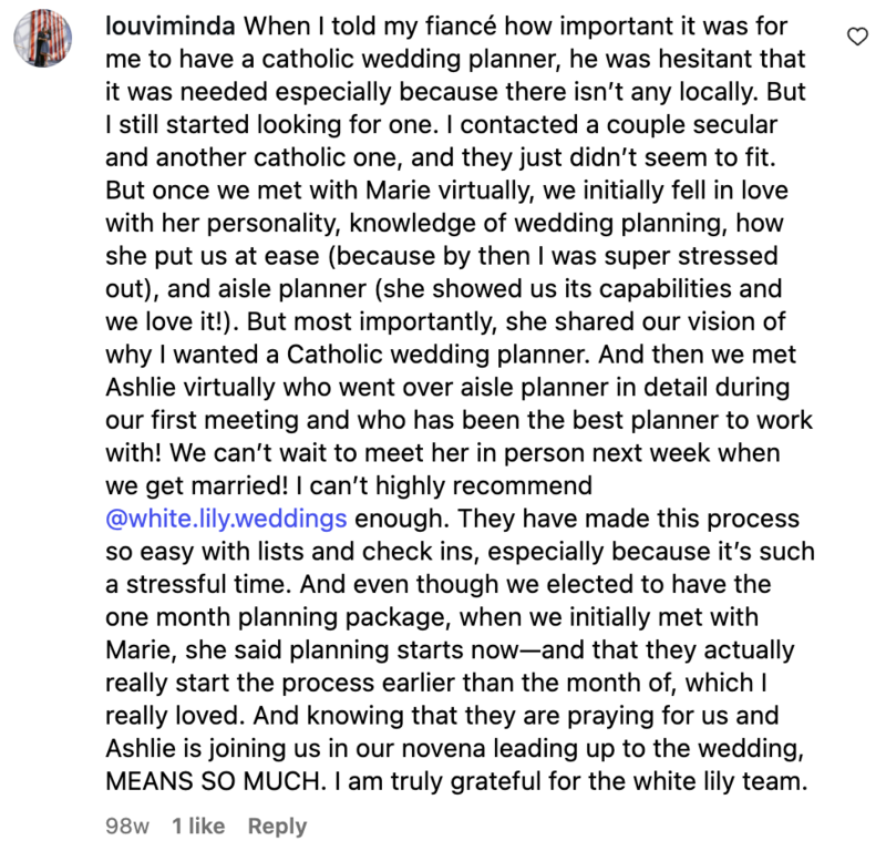 Screenshot of a kind review for White Lily Weddings from a past client.