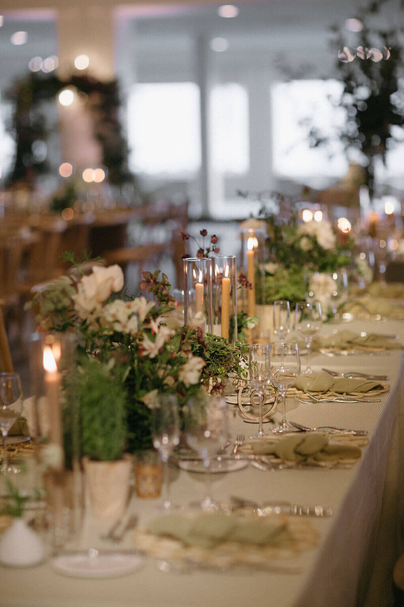 Elegant banquet table with floral centerpieces at Hotel del Coronado, designed by Thater Made, a luxury wedding and event producer in San Diego, CA.