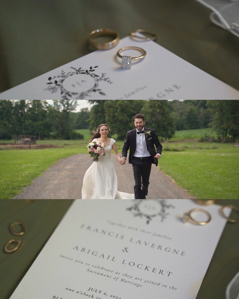 Three photos wedding details and a couple running