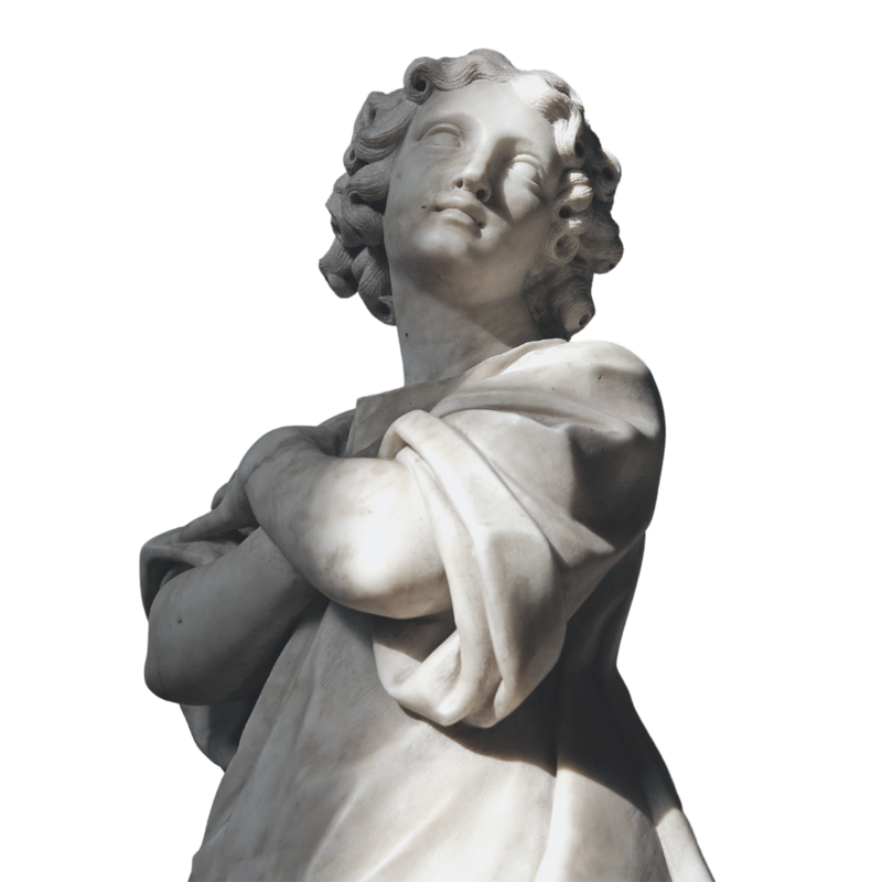 A marble statue of a serene woman with crossed arms looking upwards against a black background