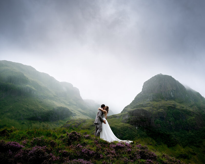 Mountain elopement in Glencoe in summer wtih purple heather