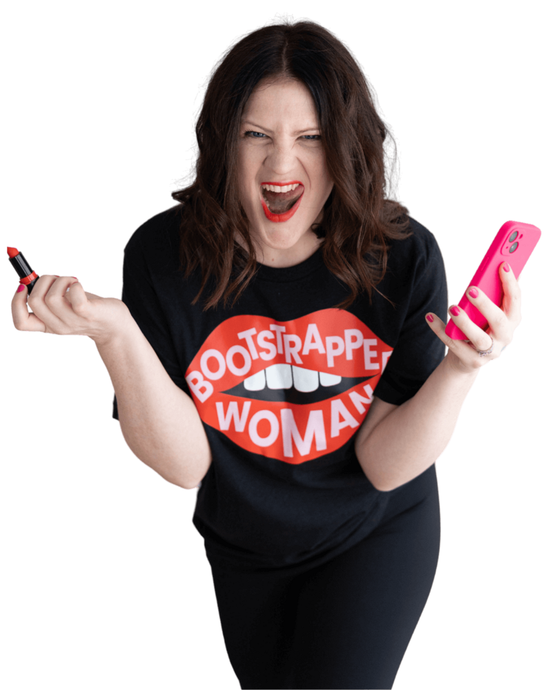 Emily, a brand and web designer, poses with a pink phone and lipstick, reflecting her vibrant and creative personality.