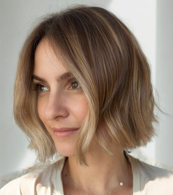 Sleek bob haircut with soft highlights, demonstrating precision cutting from a hairdressing workshop.