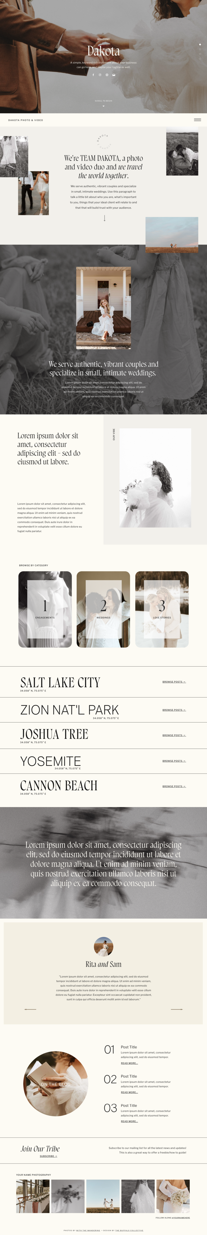 Dakota template customized for an adventurous elopement photographer with earthy branding