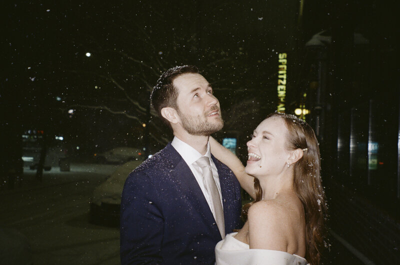 Fun candid film wedding photography in the snow