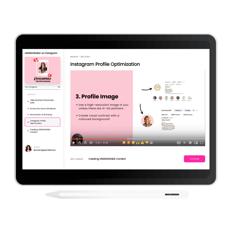 Ipad playing the Instagram Profile Optimization course.