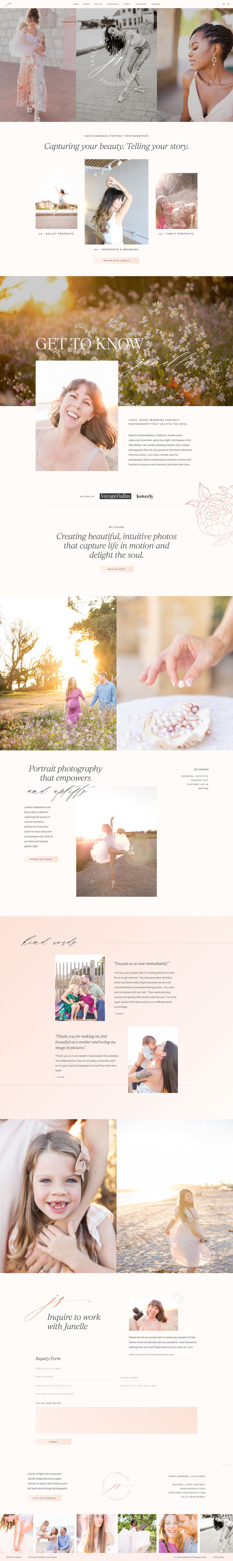 janelle stephanie photography  homepage after website redesign, a showit template customization