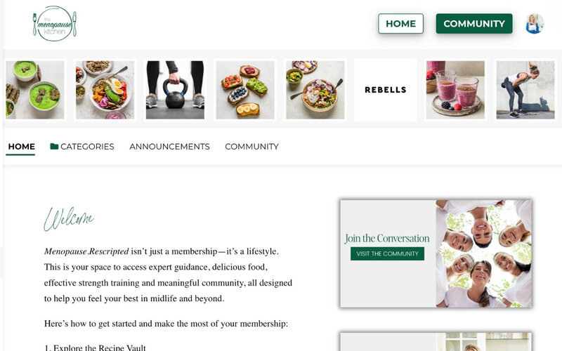 Screenshot of the Menopause.Rescripted membership portal homepage, showing the welcome message, navigation menu, and tiles linking to the community and weekly batch cooking sessions.