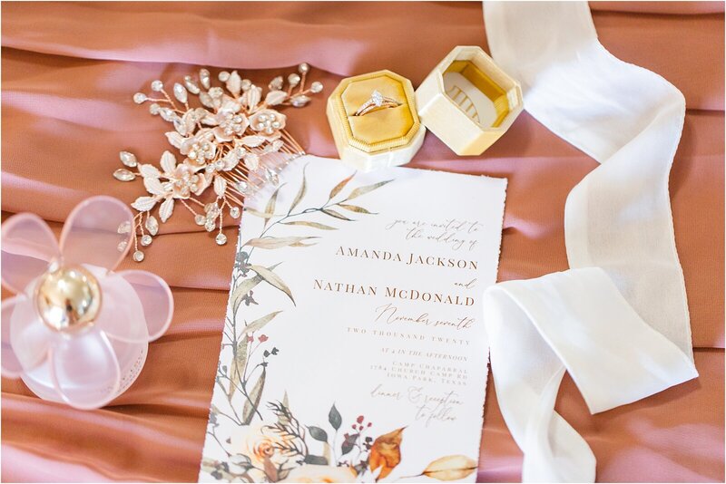 gold and mauve wedding invitations and details
