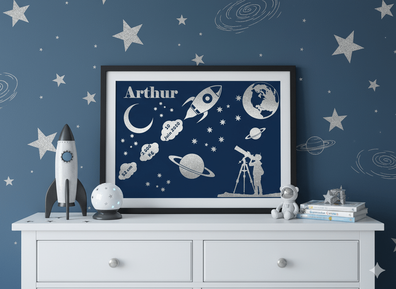 Cadre de naissance décoré sur le thème de l’espace, avec fusée, planètes, étoiles et silhouette d’un enfant observant le ciel, posé sur une commode dans une chambre d’enfant. Un prénom apparaît sur le cadre.