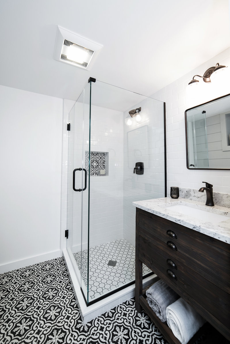 Interior Home Remodel Basement Bathroom Vanity Shower Black and White