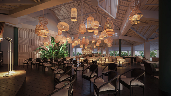 Entertainment hall with elegant wood furnishings at Secrets St. Lucia Resort & Spa.