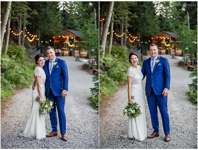 Groom in Blue Suit with his Bride at Idaho Springs Blackstone Rivers Ranch Wedding Venue in CO