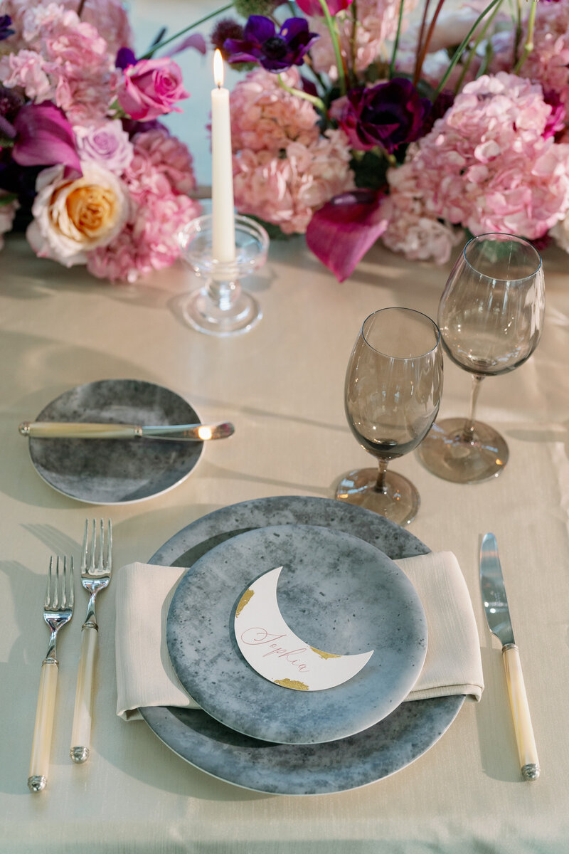 Gold Leaf Crescent Moon Place Card on Table For Wedding At The Audrey. 