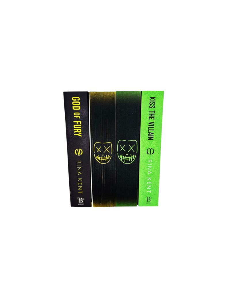 Kiss the Villain and God of Fury custom sprayed-edge book duo by Rina Kent from Sprayed Your Pages, featuring matching hand-painted ombré edges with centered mask symbols from the Legacy universe.