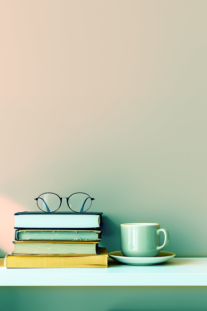 Stack of books with reading glasses on top, next to a coffee cup and saucer on a white shelf against a soft gradient wall.