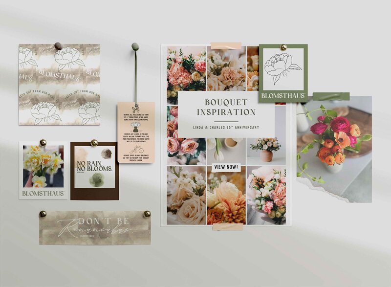 A brand mockup concluding of logos, flowers, brand patterns, etc.