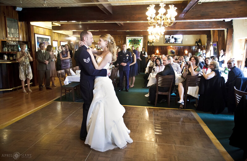 First Dance on the dance floor area of the Upstairs Dining Room at the Greenbriar Inn historic wedding venue in Boulder