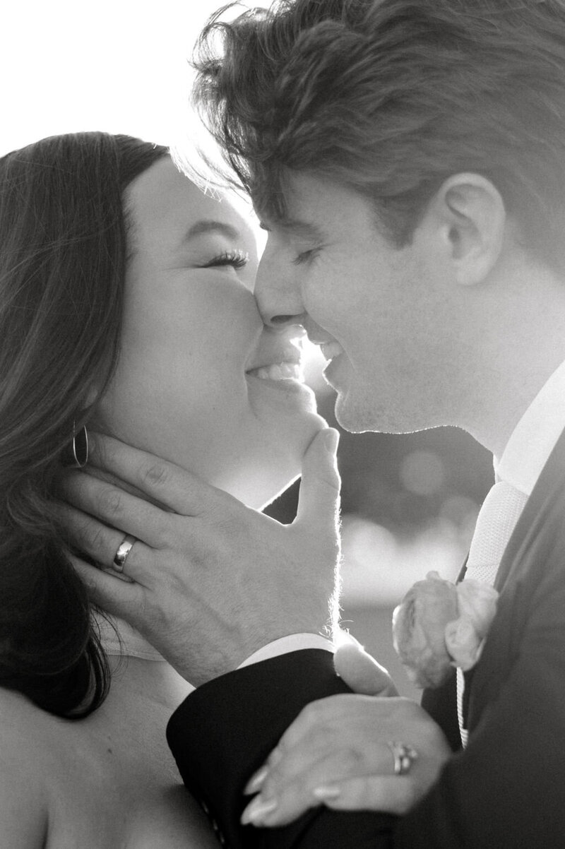 Black and white image of bride and groom at Texas Hill Country colorful intimate wedding