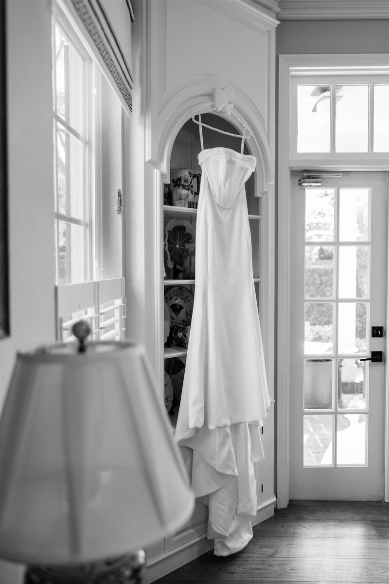 A black and white photo of the bride's dress by Orlando wedding photographer. 
