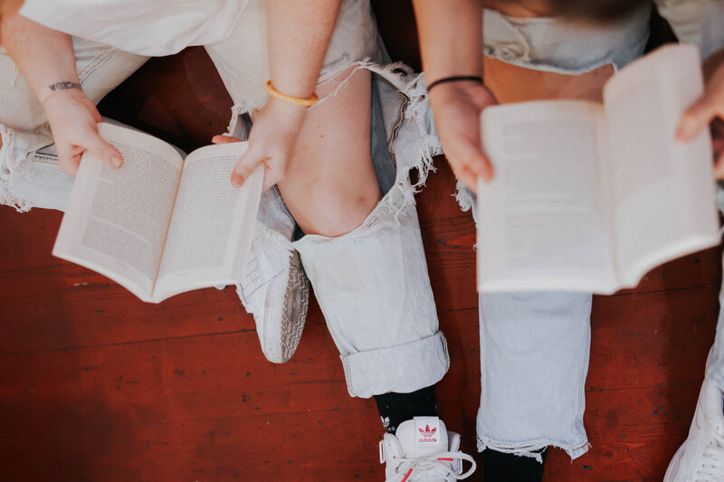 View from above of people reading