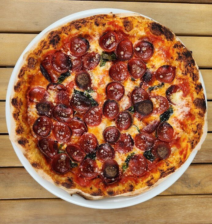 pizza on wood board