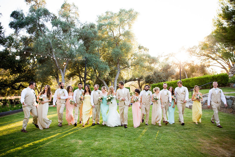 big bridal party walking