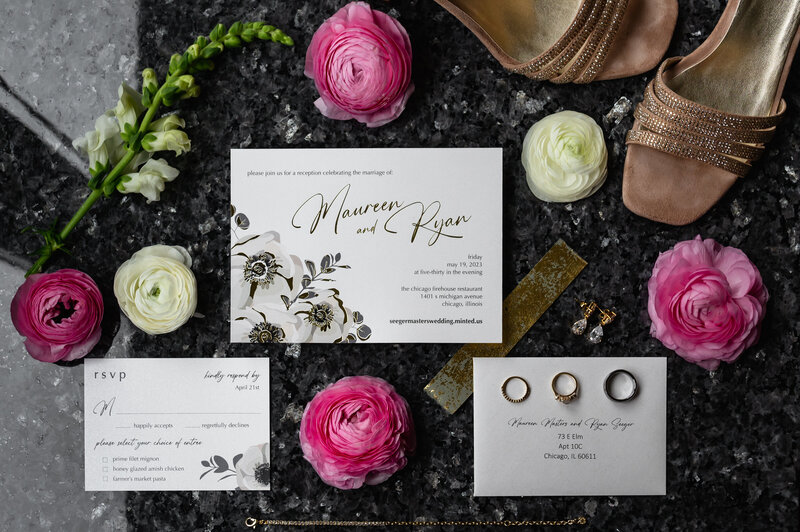 Wedding detail flat lay with pink flowers