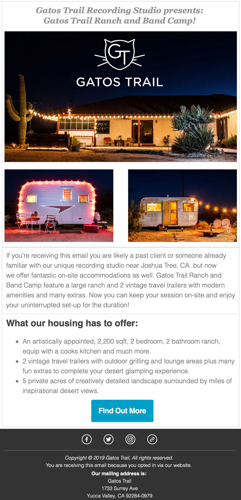 Gatos Trail promotional email with photos of house trailers above text info