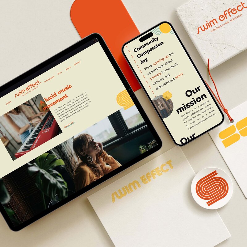 Image of Swim Effect's digital and printed materials, including designs on a tablet, a smartphone, business cards, and branded merchandise. Featuring a modern aesthetic with orange and cream colors, this showcases our expertise as brand designers creating cohesive website design packages for small businesses.