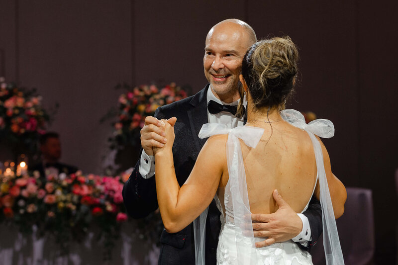 the father of the bride dances with his daughter during her Chateau Le Parc wedding reception.  Captured by Ottawa wedding photographer JEMMAN Photography