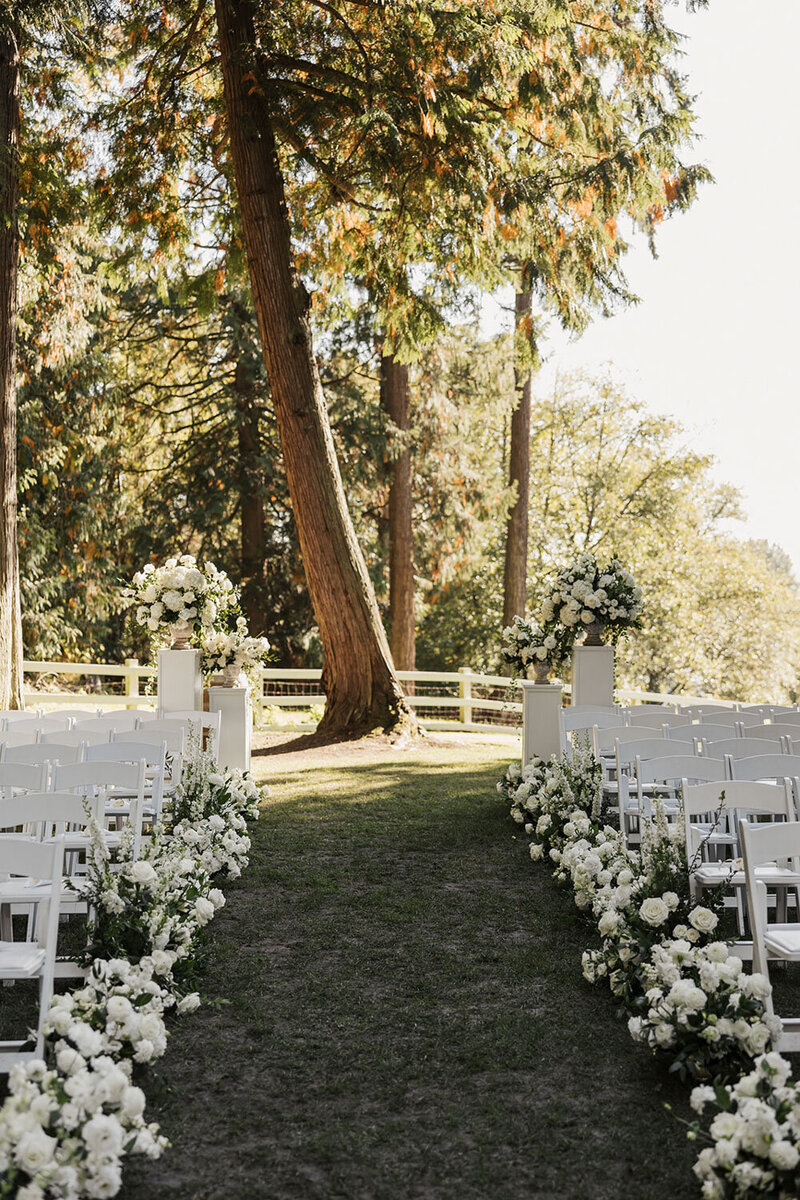 Elegant floral set up at the Ceremony Lawn at Chateau Lill