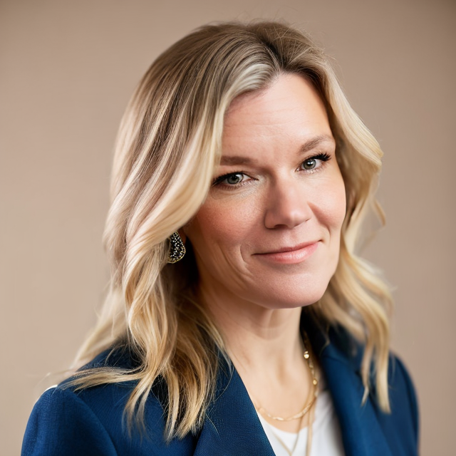 woman's headshot blond hair and blue blazer