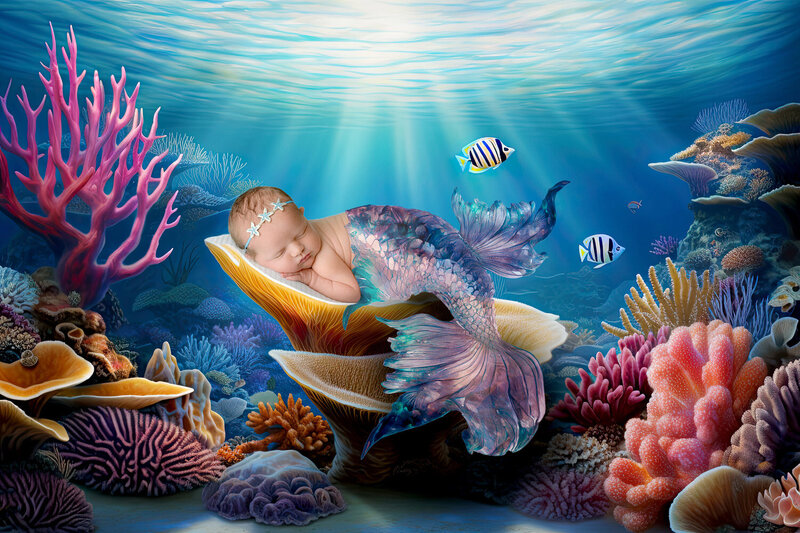 A fantasy composite of a newborn baby girl as a mermaid in a fun Myrtle Beach ocean scene.