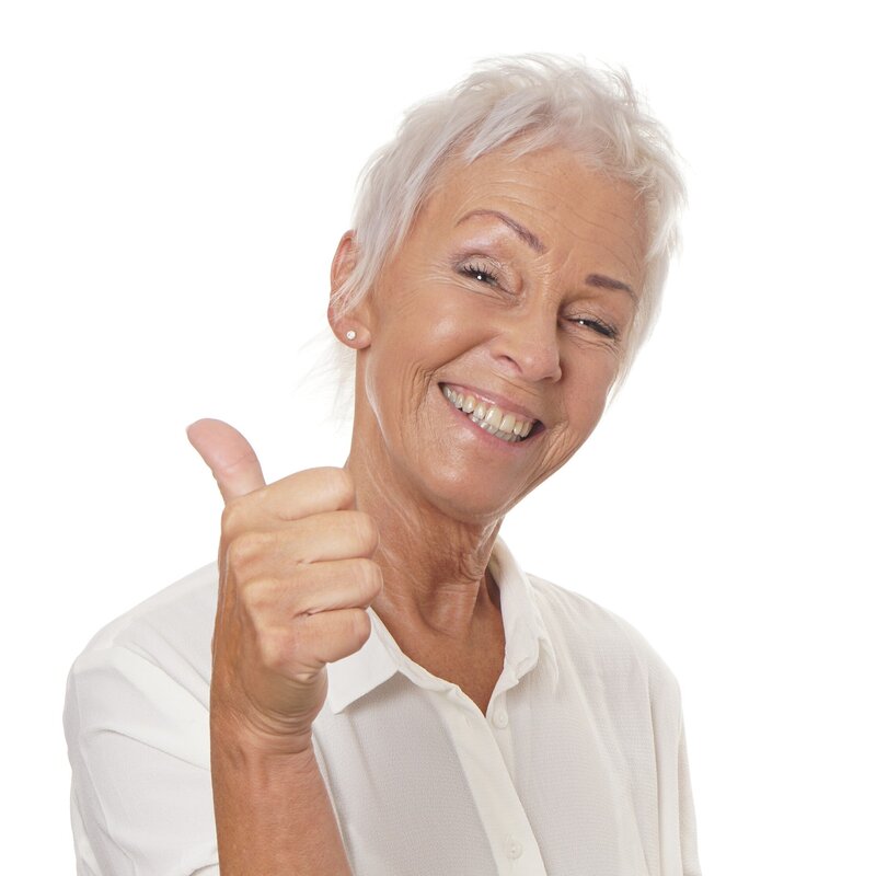 woman grey pixie haircut thumbs up