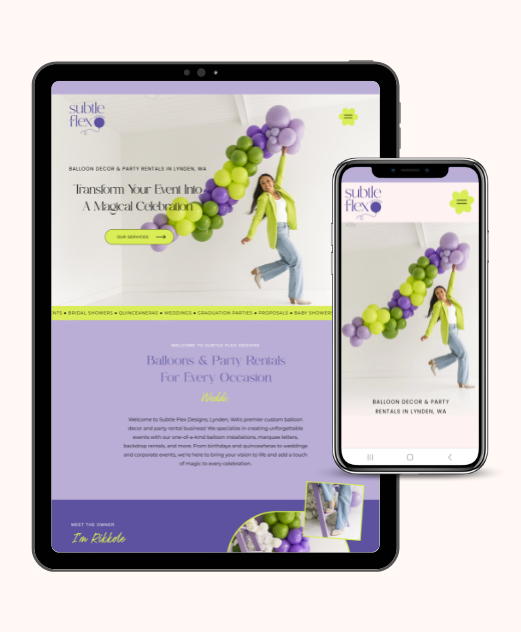 bold colorful website template for party planner or balloon artist on Showit by Daydream Sites