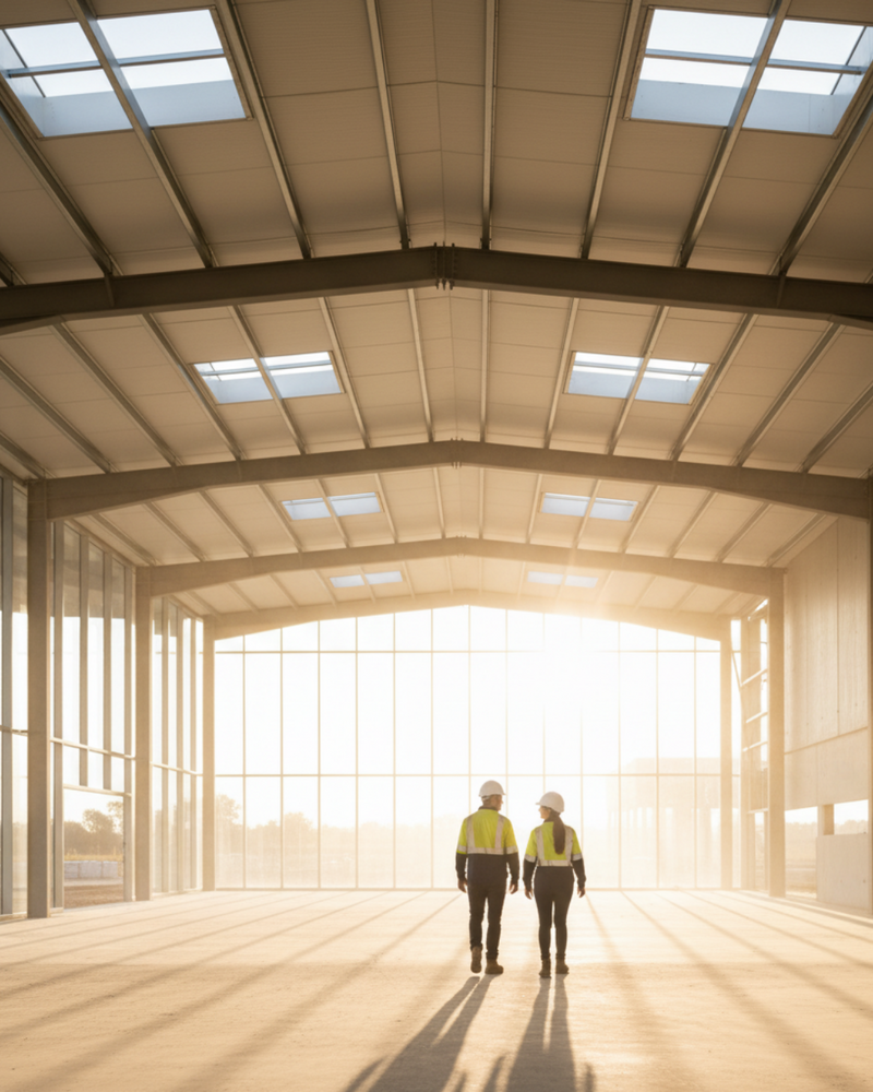 Interior view of a large industrial warehouse with high ceilings and sunlight streaming in, as two workers walk side by side toward the open space.