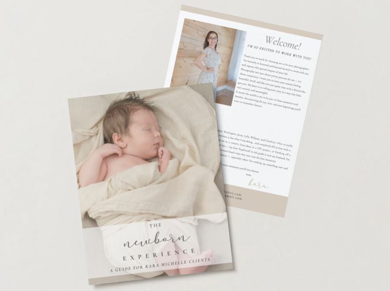 lat lay of printable newborn photography guide templates designed for photographers, featuring session tips, posing ideas, and client prep information