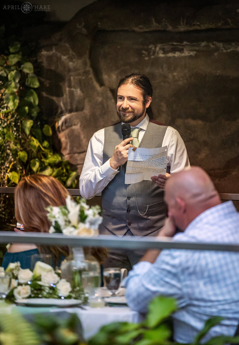 Toast at Marnie's Pavilion on the 2nd floor of Marnie's Paviliion Wedding Reception at Denver Botanic Gardens