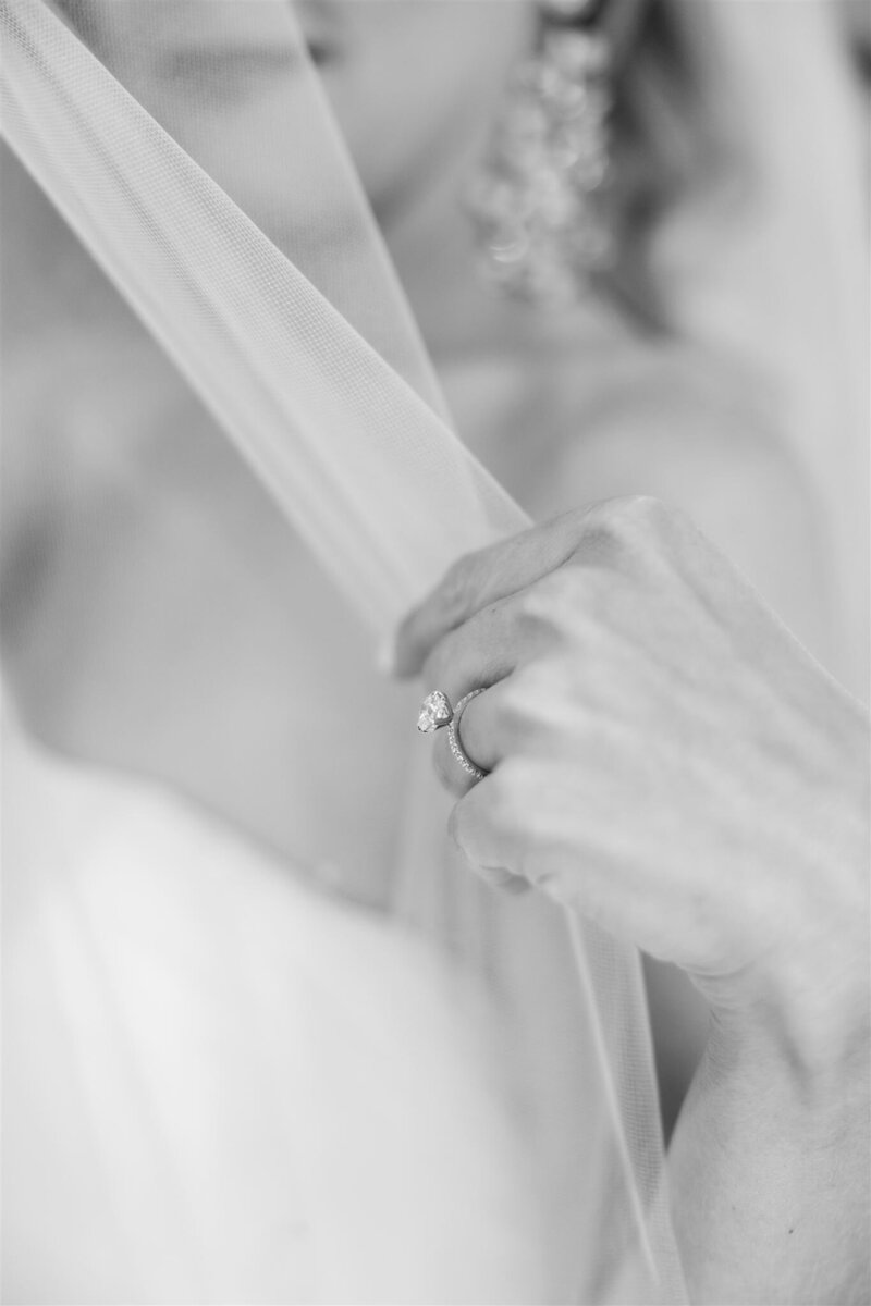 Black and white cutaway of bride's hand with her wedding ring by Orlando wedding photographer. 