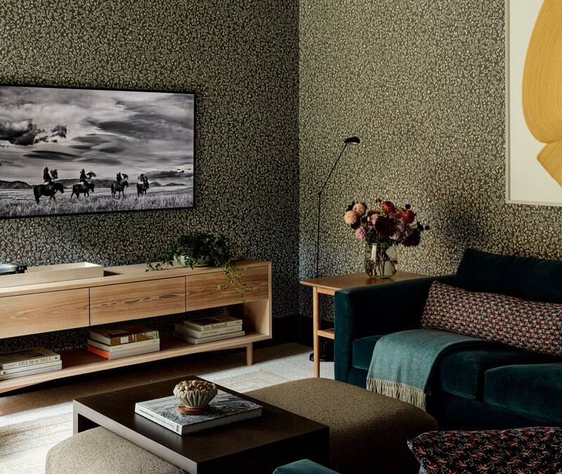 new england interior designer vermont family room zak fox wallpaper features handcrafted furniture and modern style inspired by natural textures and classic new england design