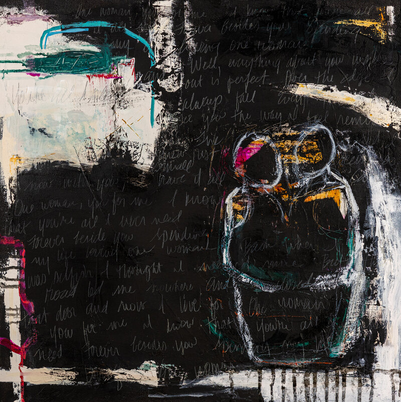Christen-Horner-Art-Austin-Texas-OriginalPainting-2024-Moonlight-24x24-Abstact-Dancing-Black-Words-OneWoman-RandyRogersBand-Wedding