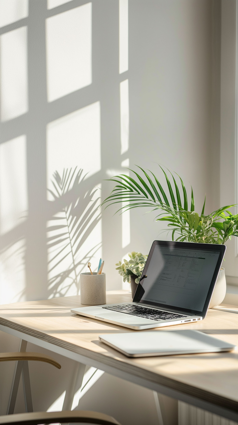 A sunlit minimalist desk with laptop, coffee mug, and indoor plant casting shadows on a white wall