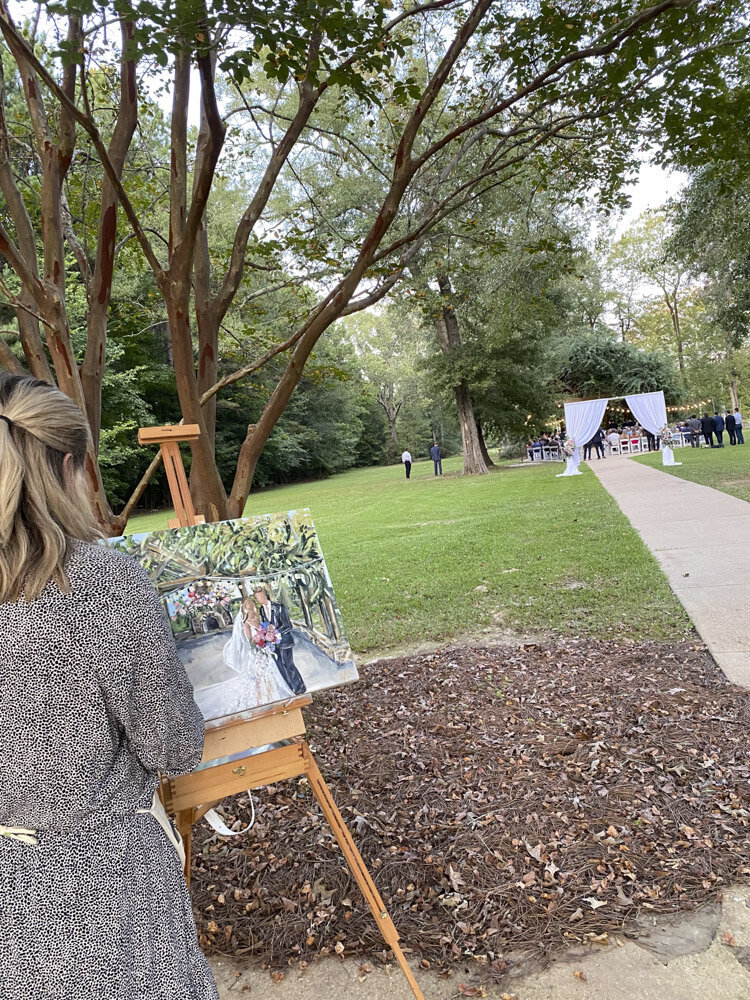 Outdoor park wedding day captured by live painting from Miriam Shufelt Art