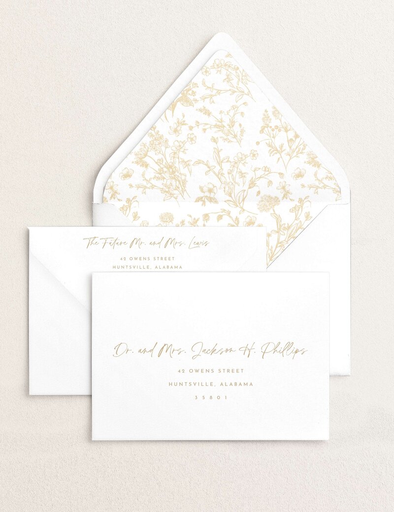 Detail shot of envelope addressing. Envelope liner with hand drawn floral design.