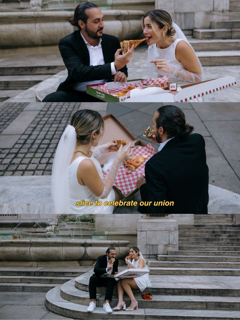 Bride and groom in wedding attire enjoying New York-style pizza on the steps of the New York Public Library after their City Hall elopement, capturing a candid and fun celebration moment