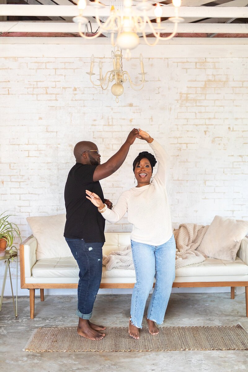 Glen & Yvette dancing for relationship and marriage podcast photoshoot.