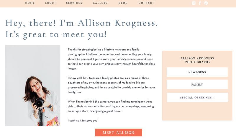 Screenshot of Allison Krogness Photography's website