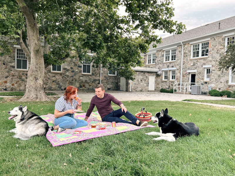 Man and woman outside having a picnic lunch with their 2 husky dogs in a down